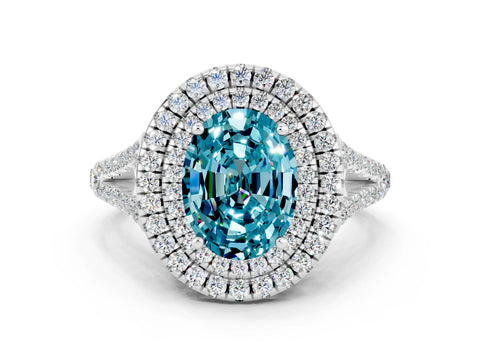 White gold Oval Cut Blue Topaz Double Halo Ring with Pavé Band and Prong Setting_12