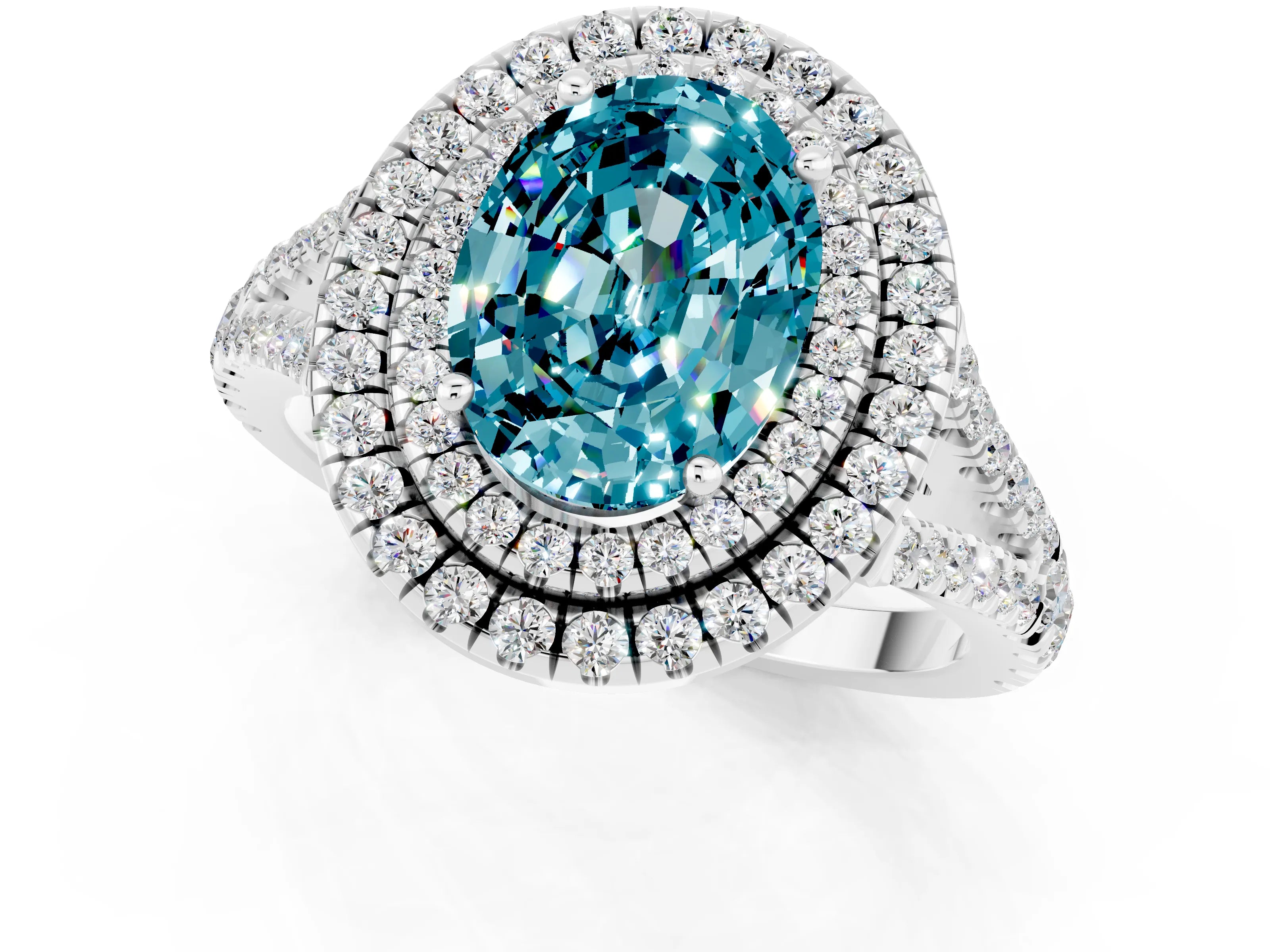 White gold Oval Cut Blue Topaz Double Halo Ring with Pavé Band and Prong Setting_13