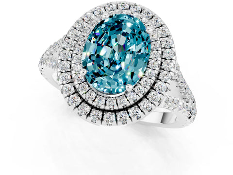 White gold Oval Cut Blue Topaz Double Halo Ring with Pavé Band and Prong Setting_13