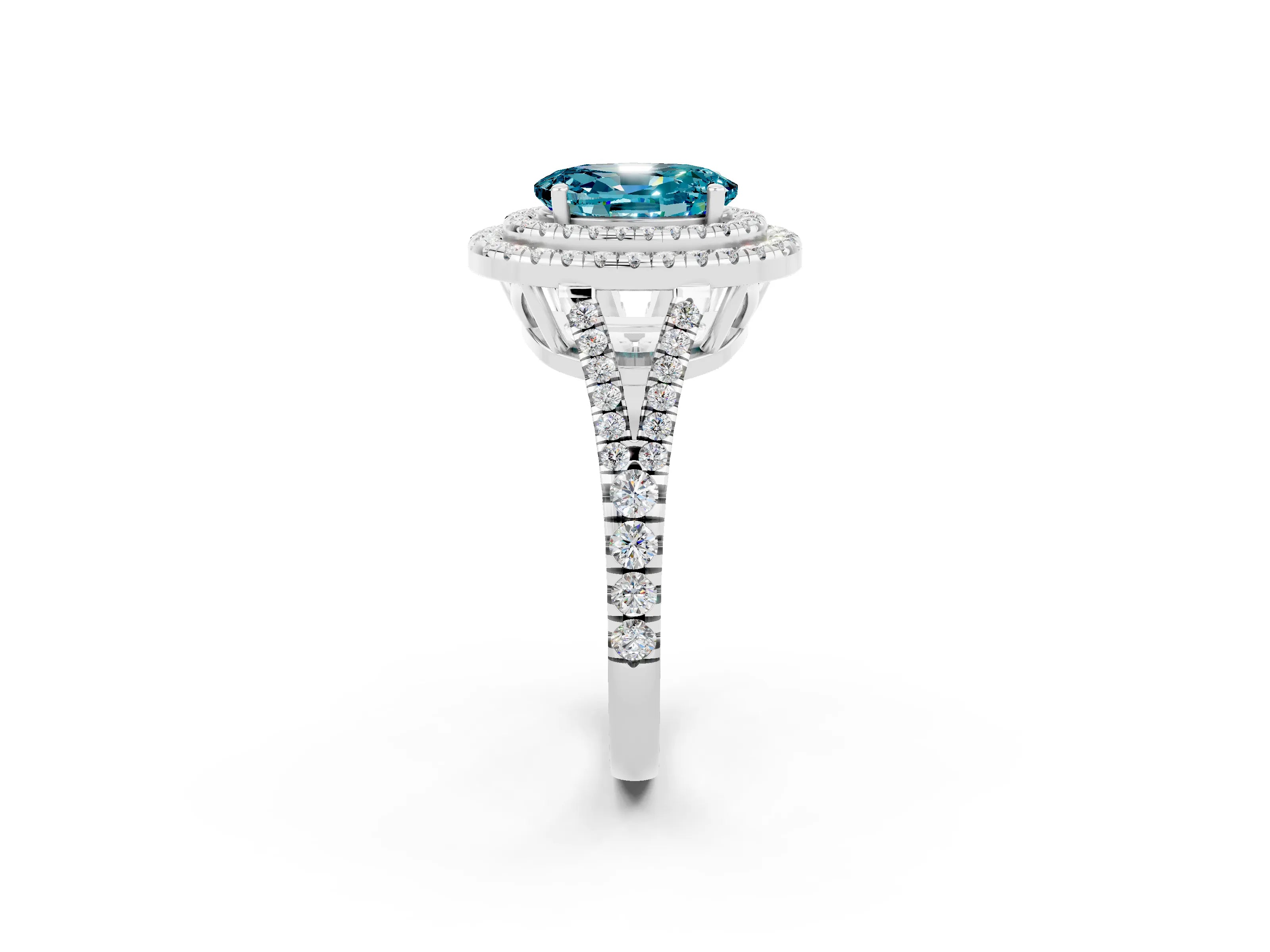 White gold Oval Cut Blue Topaz Double Halo Ring with Pavé Band and Prong Setting_14