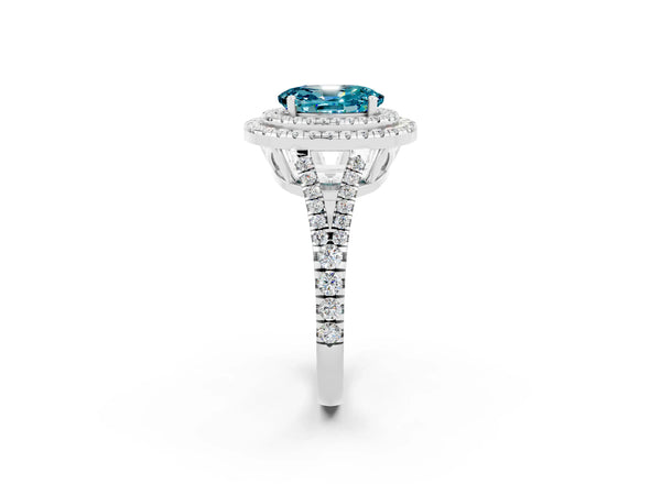 Platinum Oval Cut Blue Topaz Double Halo Ring with Pavé Band and Prong Setting