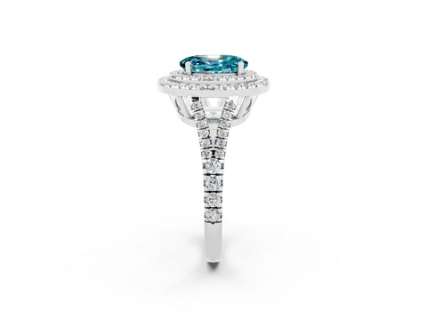 White gold Oval Cut Blue Topaz Double Halo Ring with Pavé Band and Prong Setting_14