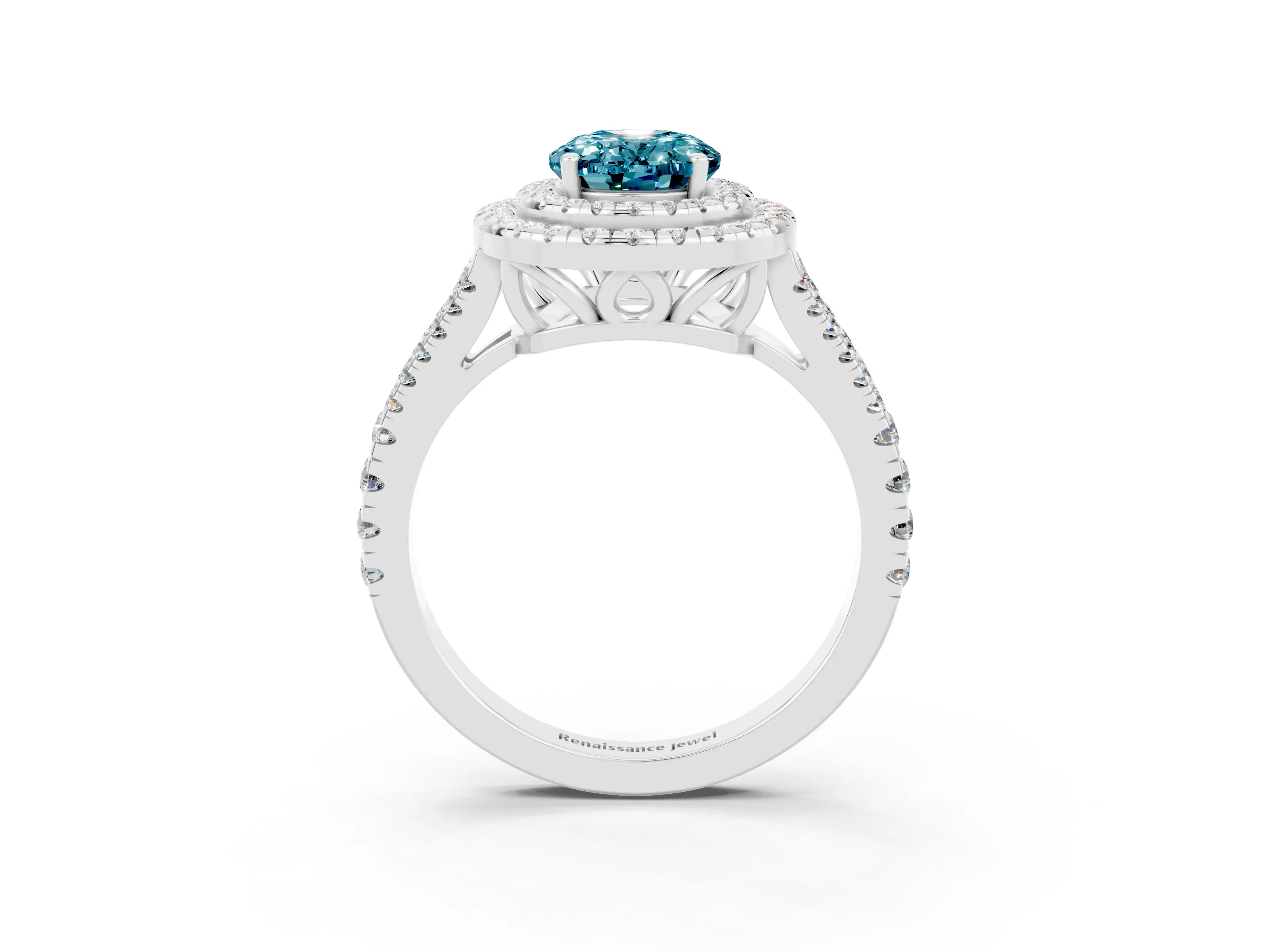 White gold Oval Cut Blue Topaz Double Halo Ring with Pavé Band and Prong Setting_15