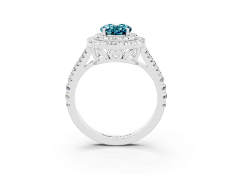 White gold Oval Cut Blue Topaz Double Halo Ring with Pavé Band and Prong Setting_15