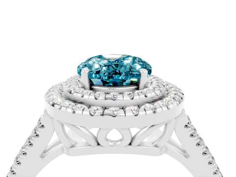 White gold Oval Cut Blue Topaz Double Halo Ring with Pavé Band and Prong Setting_16