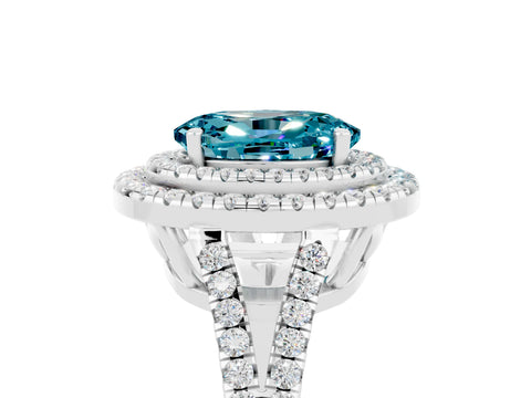 White gold Oval Cut Blue Topaz Double Halo Ring with Pavé Band and Prong Setting_17