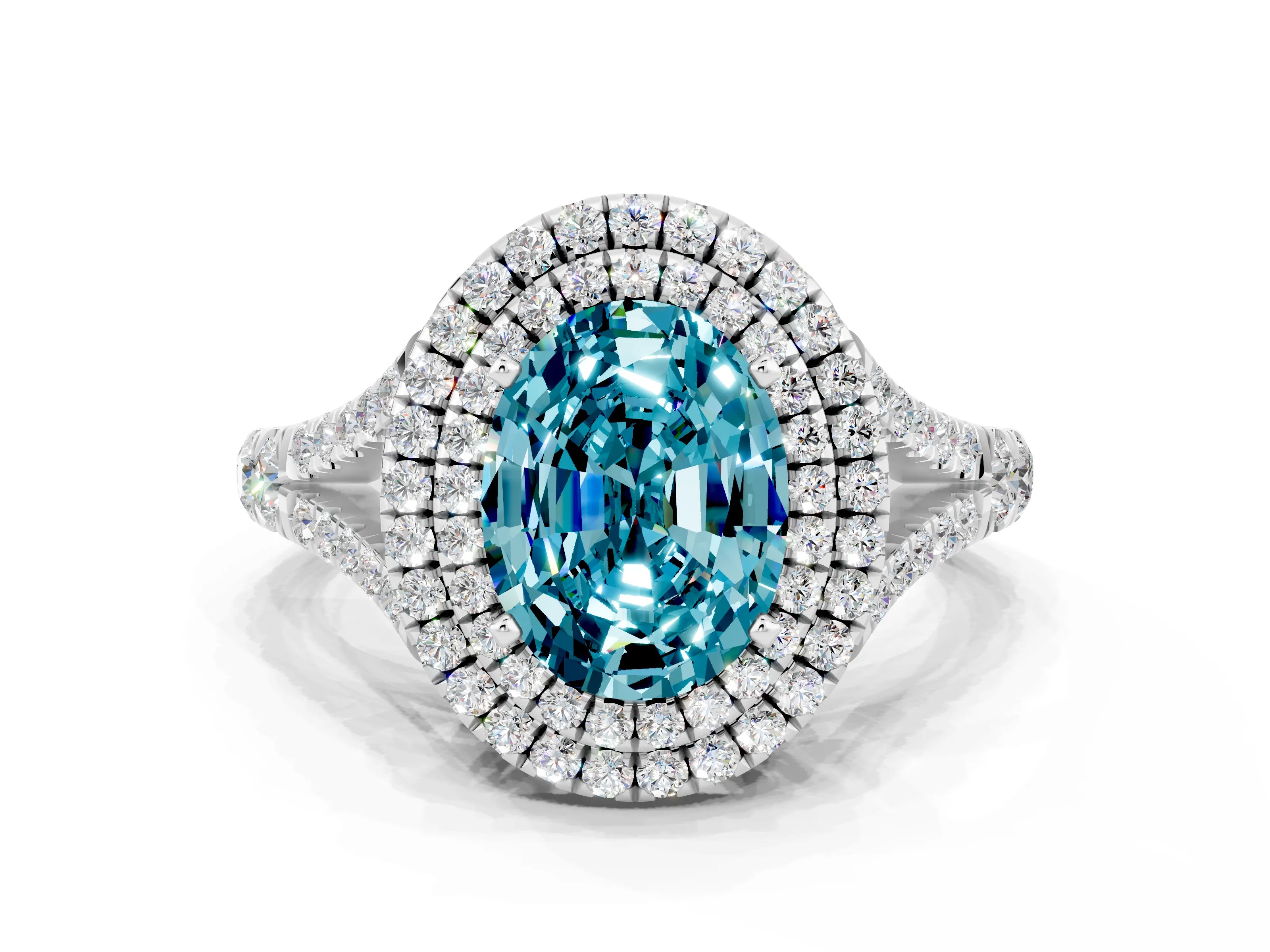 White gold Oval Cut Blue Topaz Double Halo Ring with Split Shank and Prong Setting_12