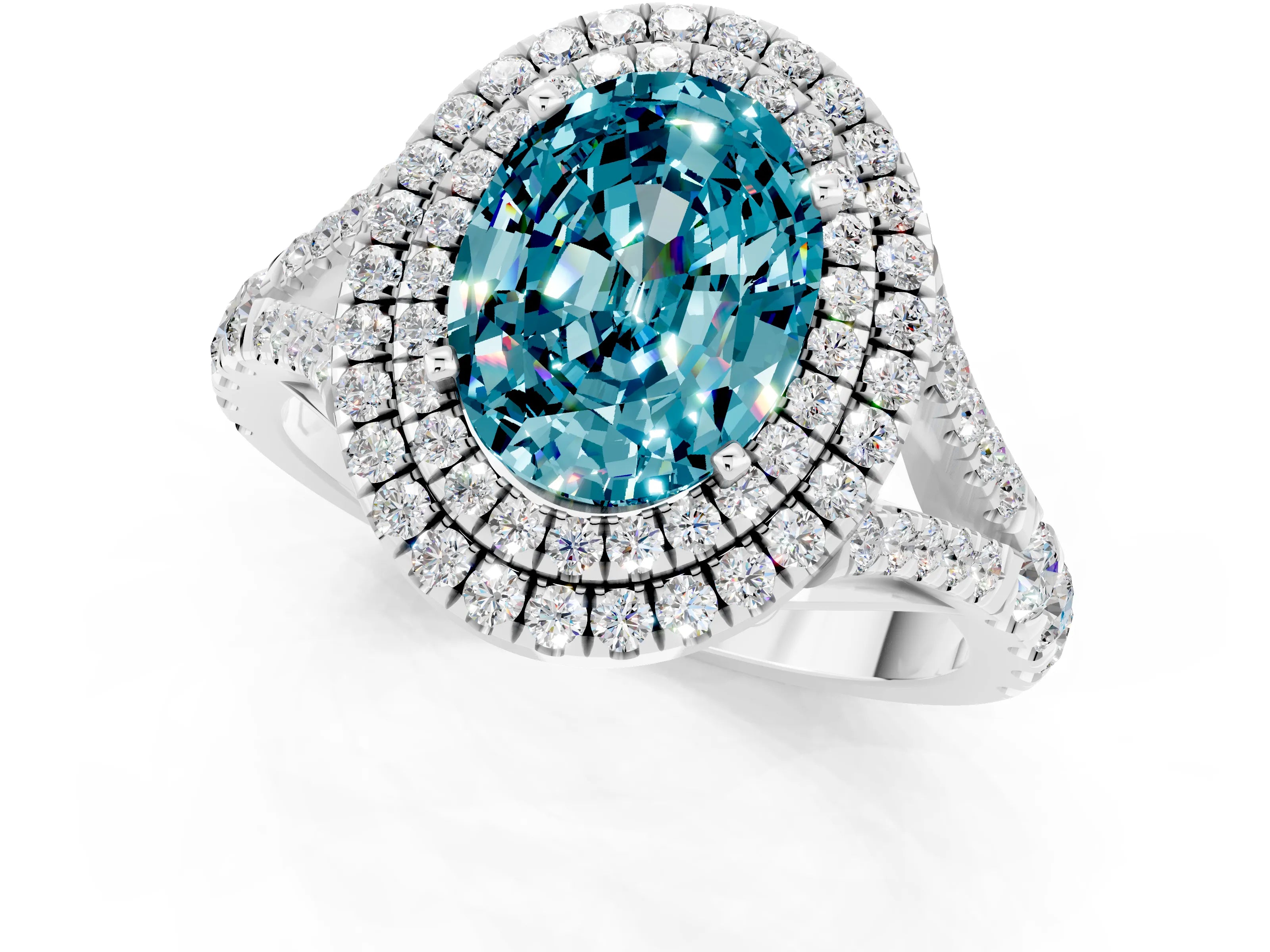 White gold Oval Cut Blue Topaz Double Halo Ring with Split Shank and Prong Setting_13