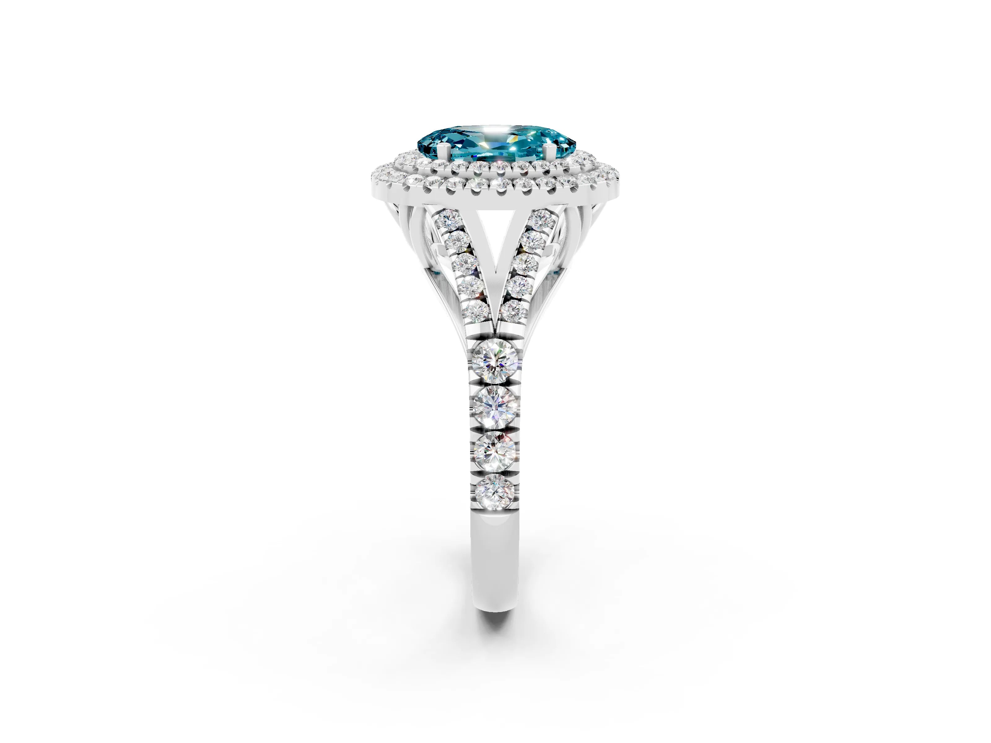White gold Oval Cut Blue Topaz Double Halo Ring with Split Shank and Prong Setting_14