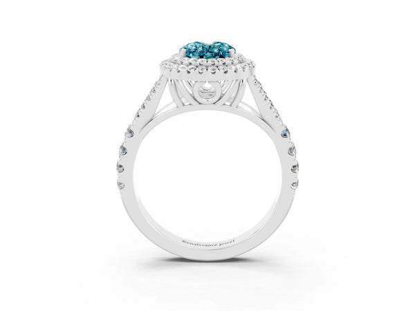 Silver Oval Cut Blue Topaz Double Halo Ring with Split Shank and Prong Setting