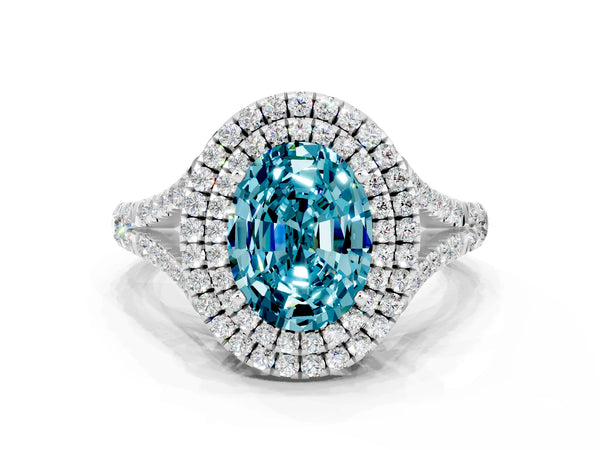 White gold Oval Cut Blue Topaz Double Halo Ring with Split Shank and Prong Setting