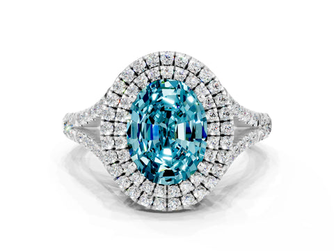 White gold Oval Cut Blue Topaz Double Halo Ring with Split Shank and Prong Setting_24