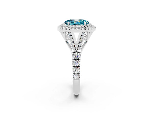 White gold Oval Cut Blue Topaz Double Halo Ring with Split Shank and Prong Setting
