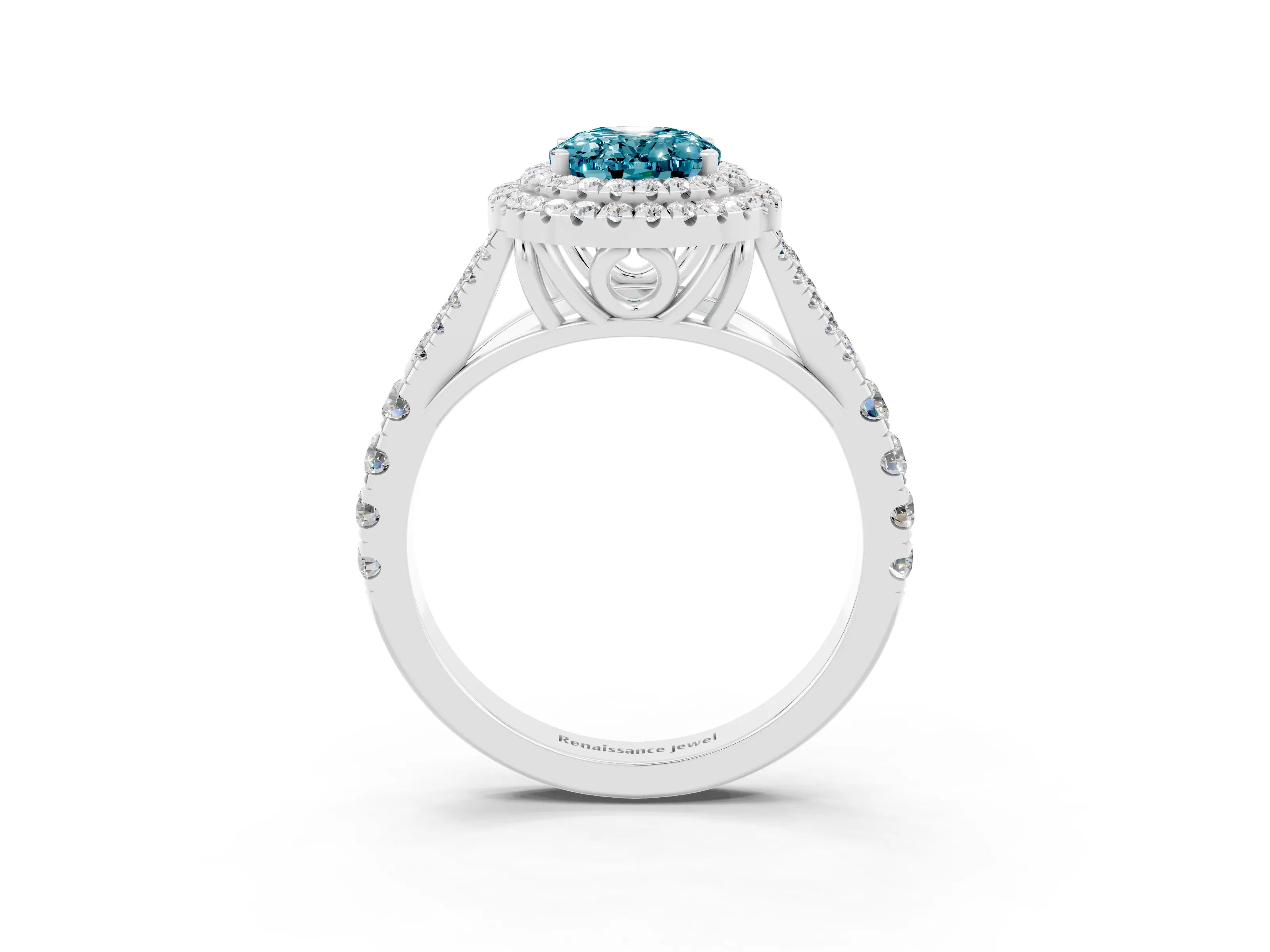 White gold Oval Cut Blue Topaz Double Halo Ring with Split Shank and Prong Setting_27
