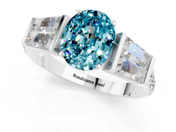 White gold Oval Cut Blue Topaz Engagement Ring with Baguette Side Stones and Channel Set Band