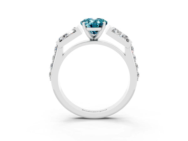 White gold Oval Cut Blue Topaz Engagement Ring with Baguette Side Stones and Channel Set Band