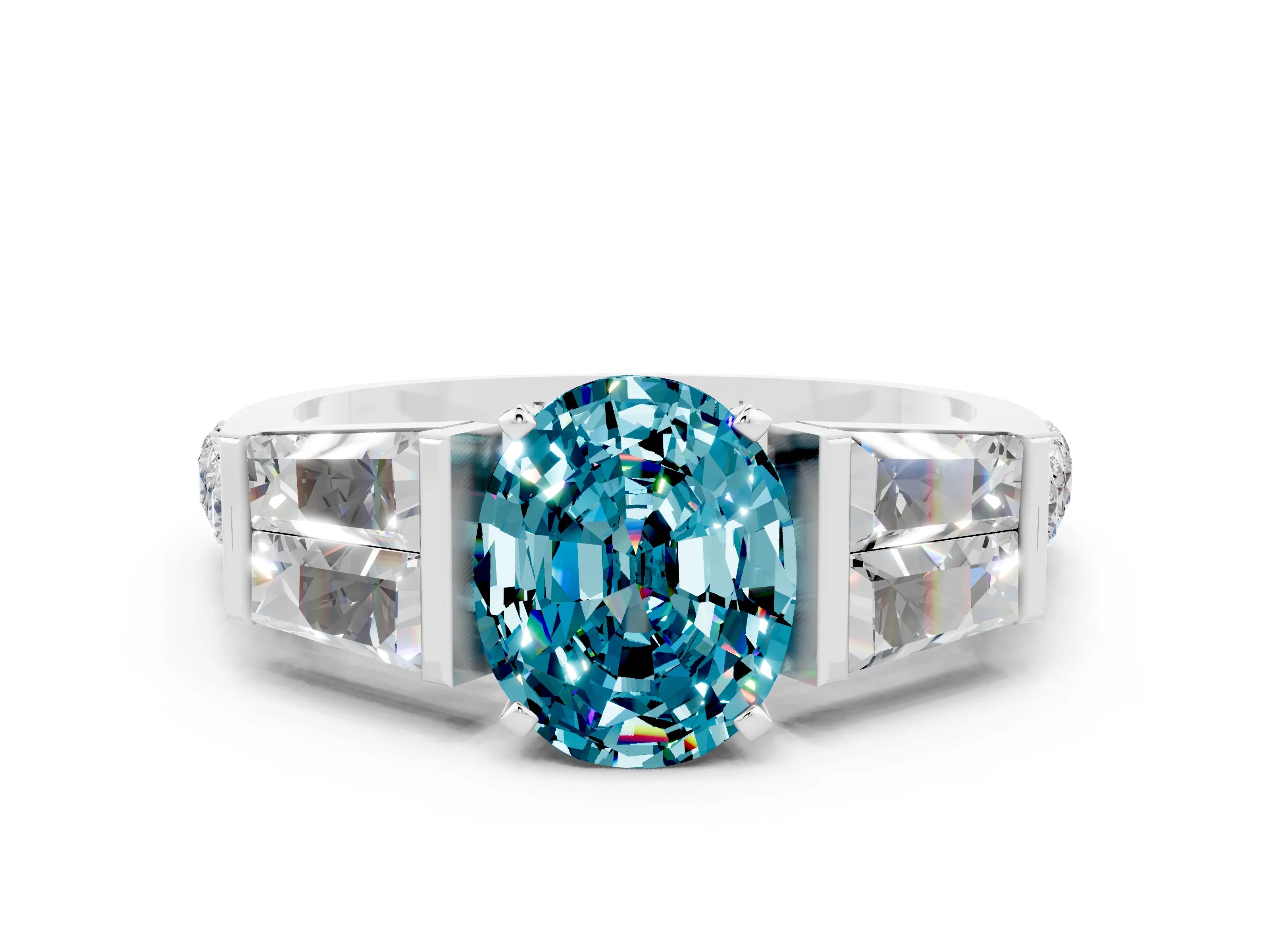 White gold Oval Cut Blue Topaz Engagement Ring with Baguette Side Stones and Channel Set Band