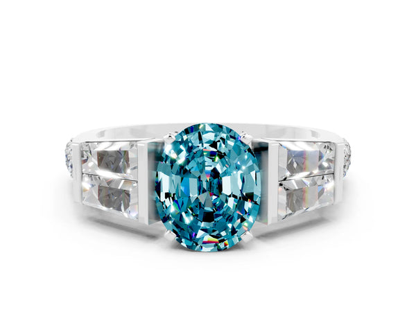 Silver Oval Cut Blue Topaz Engagement Ring with Baguette Side Stones and Channel Set Band