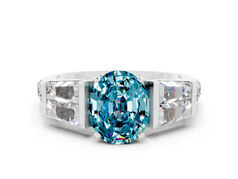 White gold Oval Cut Blue Topaz Engagement Ring with Baguette Side Stones and Channel Set Band