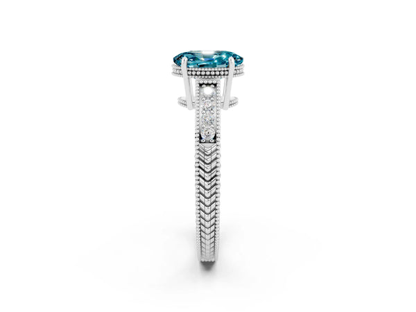 Platinum Oval Cut Blue Topaz Engagement Ring with Milgrain Channel Set Band and Prong Setting