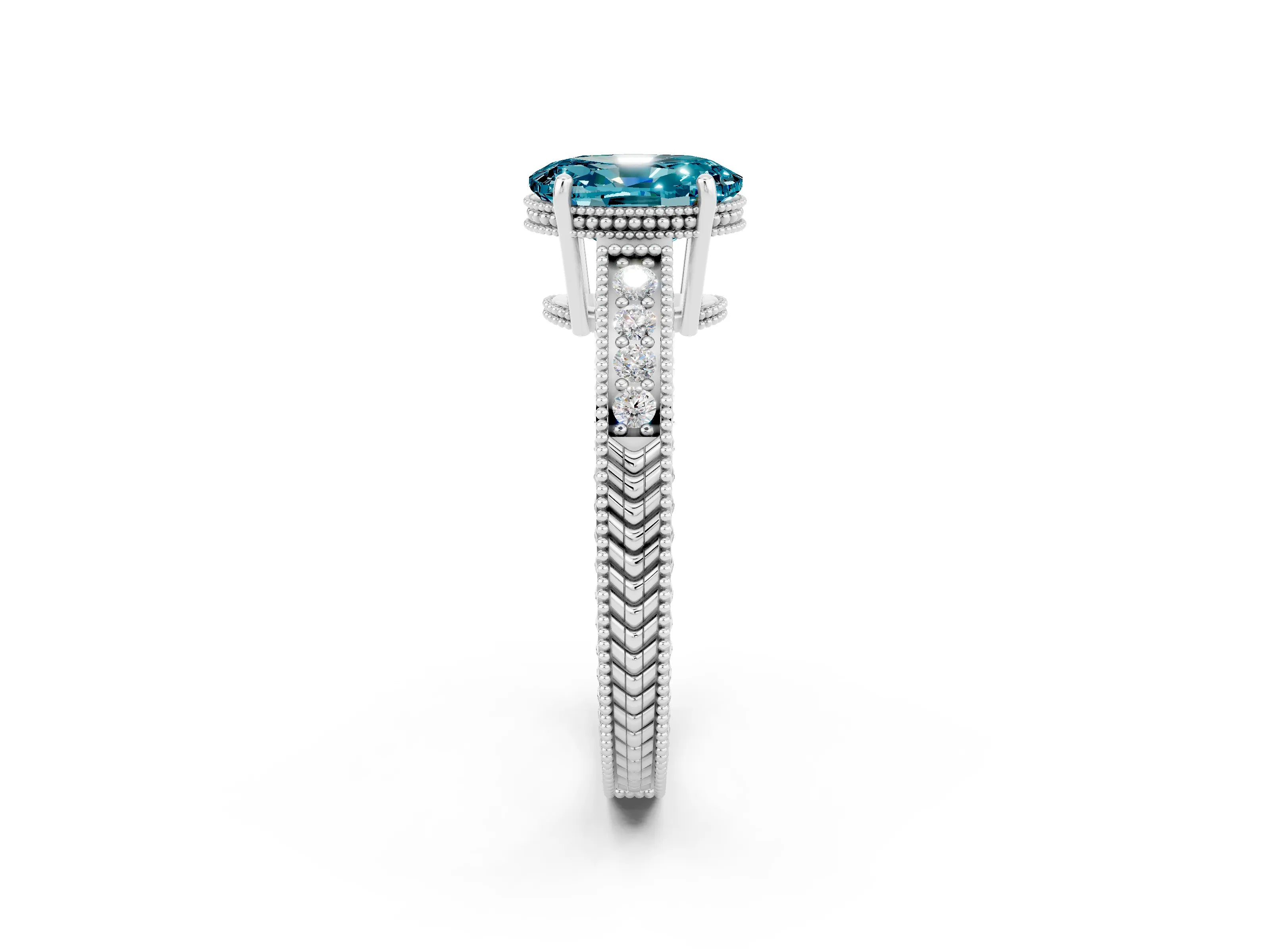 White gold Oval Cut Blue Topaz Engagement Ring with Milgrain Channel Set Band and Prong Setting_2