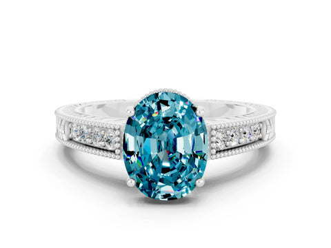 White gold Oval Cut Blue Topaz Engagement Ring with Milgrain Channel Set Band and Prong Setting