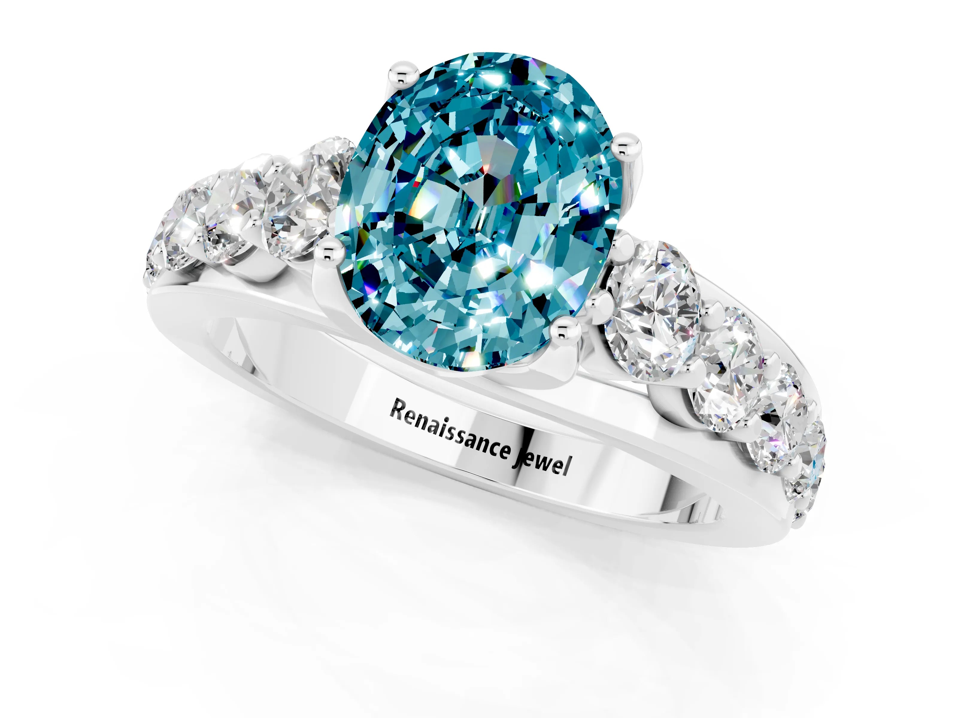 White gold Oval Cut Blue Topaz Engagement Ring with Pavé Band and Four-Prong Setting_1