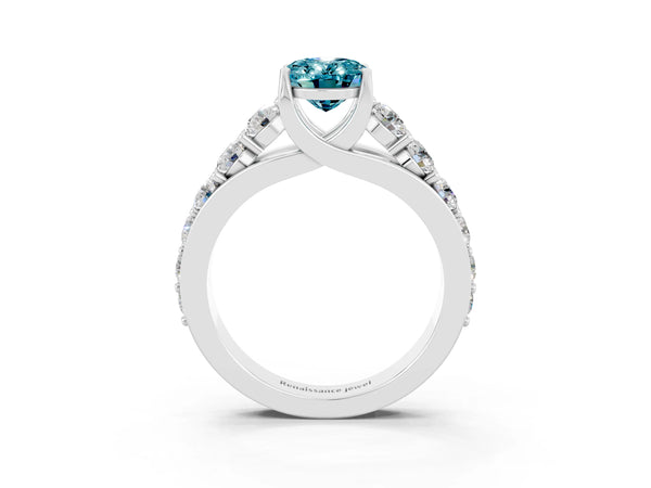 Silver Oval Cut Blue Topaz Engagement Ring with Pavé Band and Four-Prong Setting