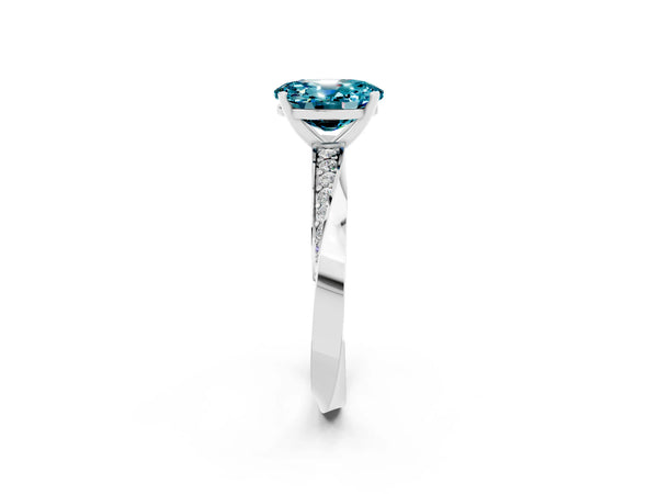 Platinum Oval Cut Blue Topaz Engagement Ring with Side Stone Accents and Four-Prong Setting