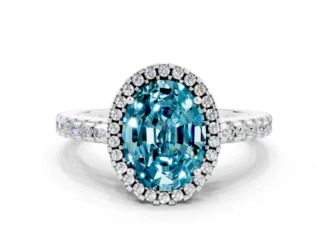 White gold Oval Cut Blue Topaz Halo Engagement Ring with Pavé Band and Prong Setting_12