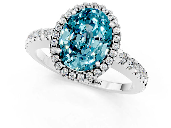 Platinum Oval Cut Blue Topaz Halo Engagement Ring with Pavé Band and Prong Setting