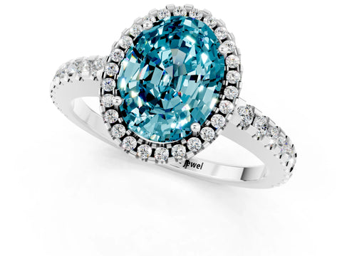 White gold Oval Cut Blue Topaz Halo Engagement Ring with Pavé Band and Prong Setting_13
