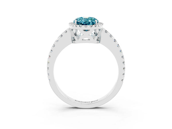 Platinum Oval Cut Blue Topaz Halo Engagement Ring with Pavé Band and Prong Setting