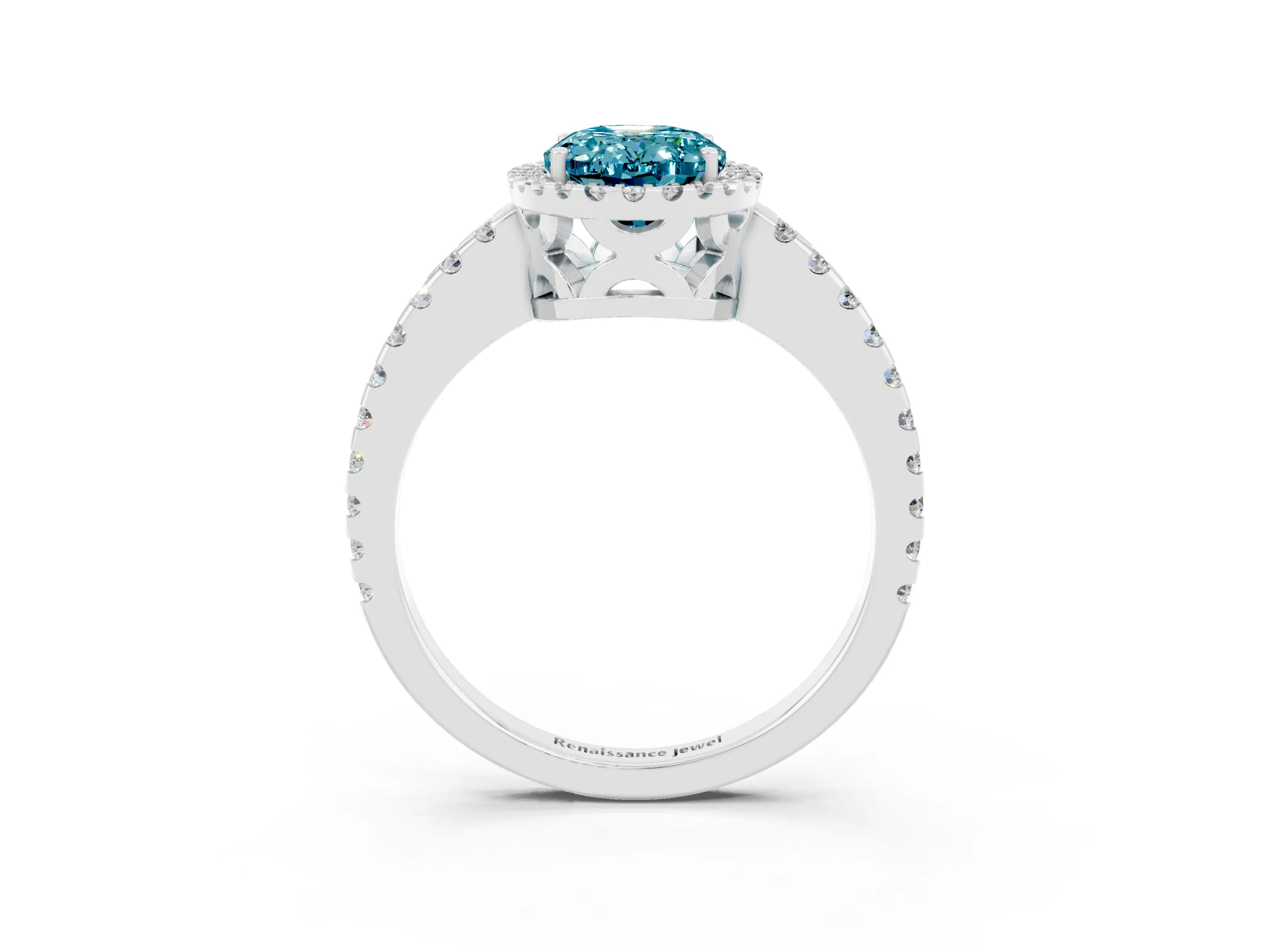 White gold Oval Cut Blue Topaz Halo Engagement Ring with Pavé Band and Prong Setting_15