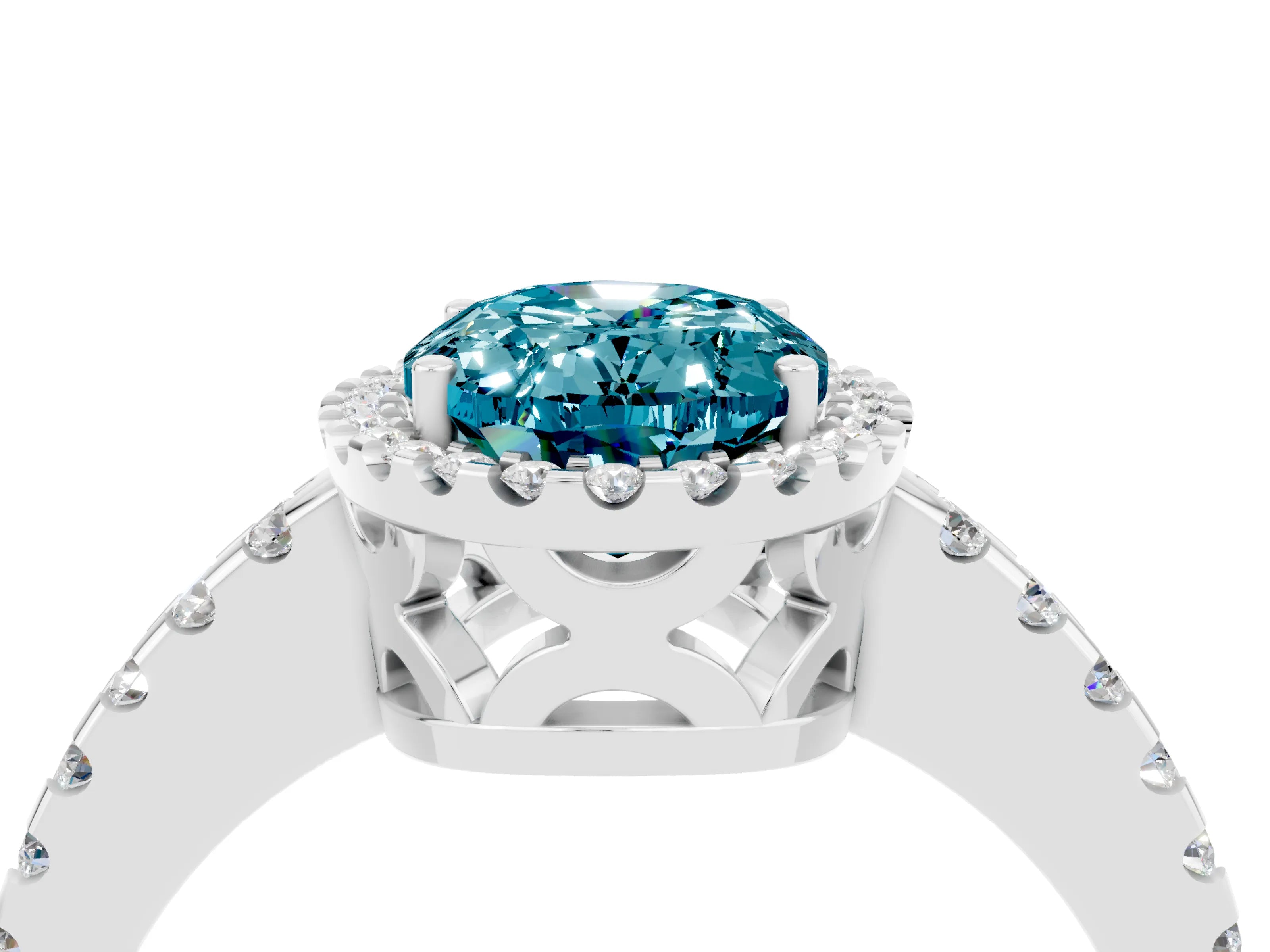 White gold Oval Cut Blue Topaz Halo Engagement Ring with Pavé Band and Prong Setting_16