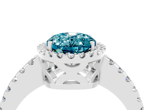 White gold Oval Cut Blue Topaz Halo Engagement Ring with Pavé Band and Prong Setting_16