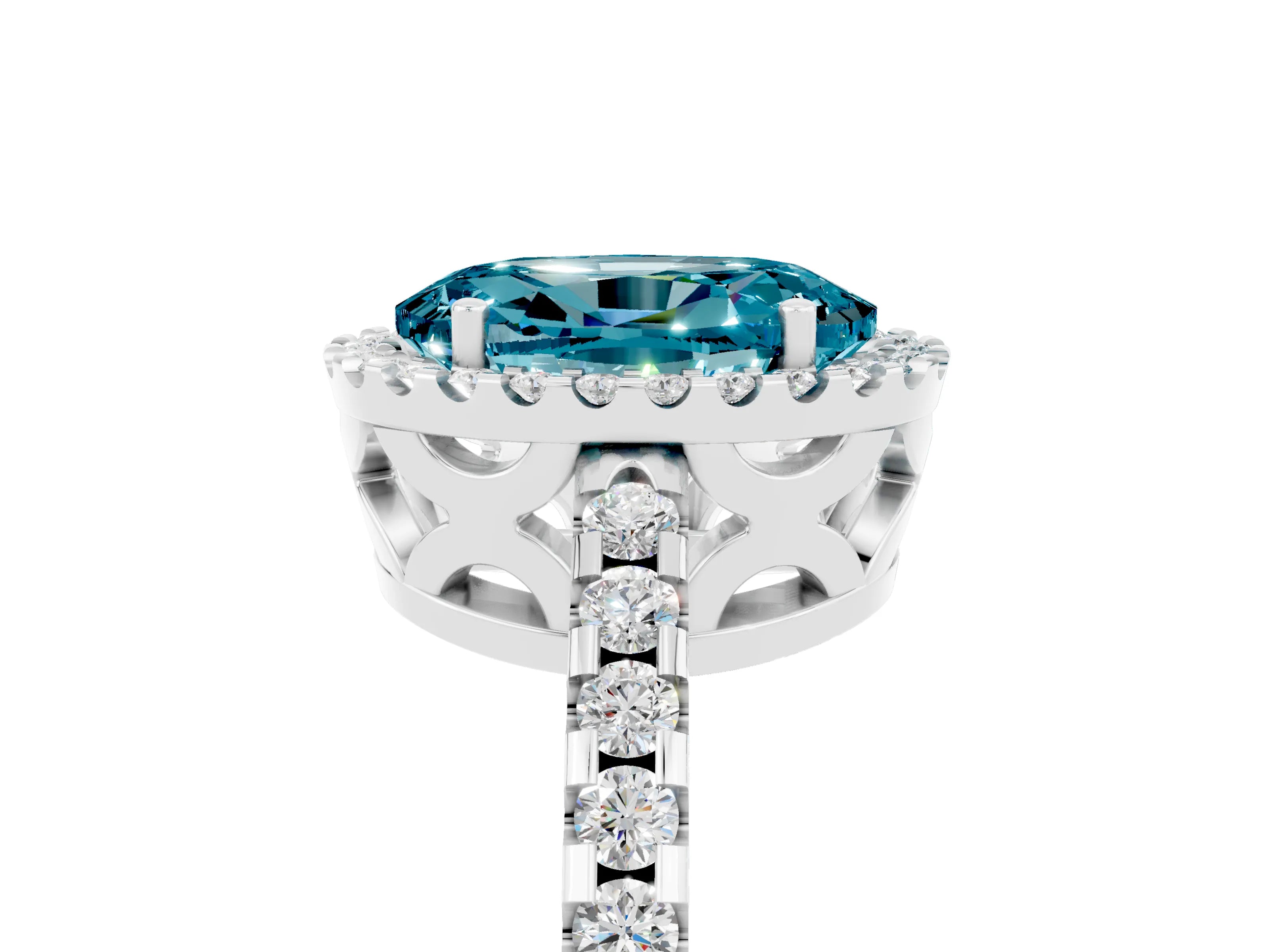 White gold Oval Cut Blue Topaz Halo Engagement Ring with Pavé Band and Prong Setting_17