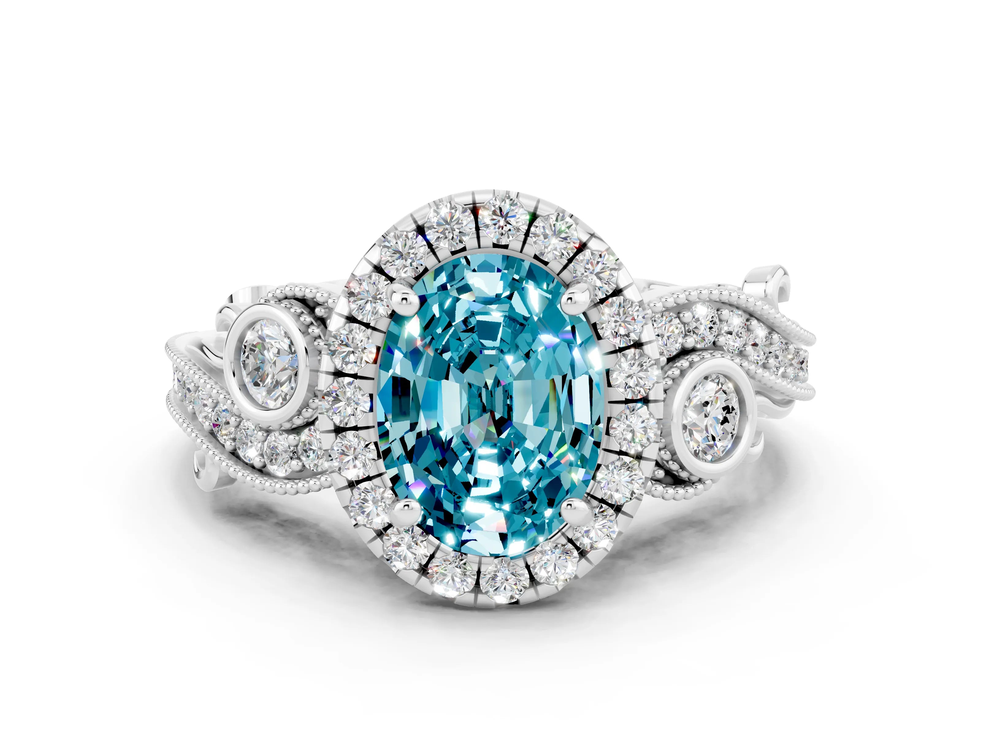 White gold Oval Cut Blue Topaz Halo Ring with Milgrain Pavé Band and Four-Prong Setting_12