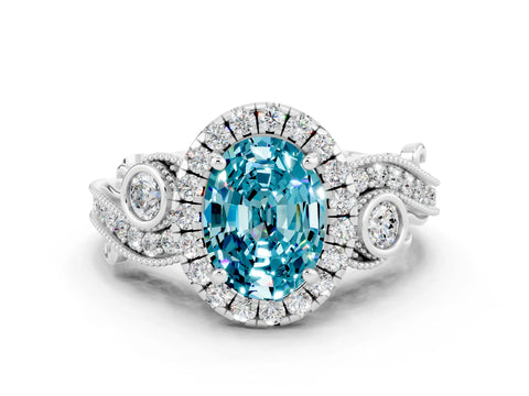 White gold Oval Cut Blue Topaz Halo Ring with Milgrain Pavé Band and Four-Prong Setting_12