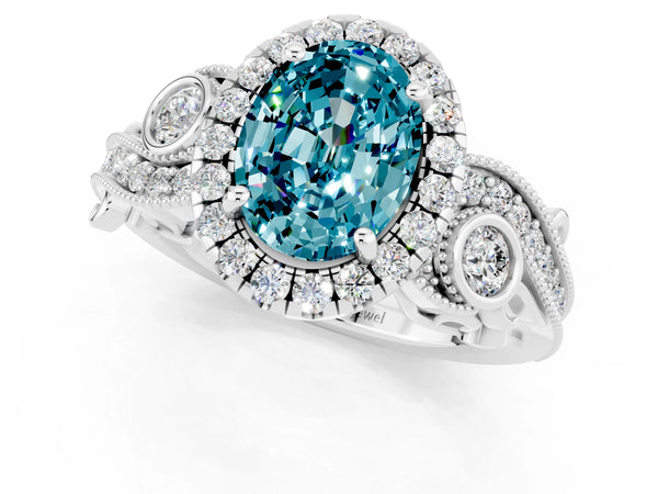 Platinum Oval Cut Blue Topaz Halo Ring with Milgrain Pavé Band and Four-Prong Setting