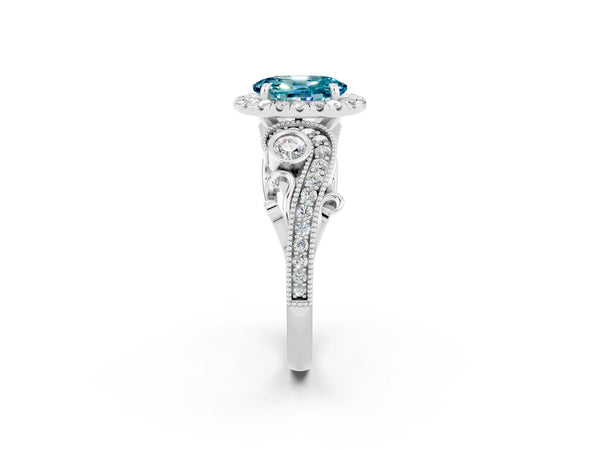 Platinum Oval Cut Blue Topaz Halo Ring with Milgrain Pavé Band and Four-Prong Setting