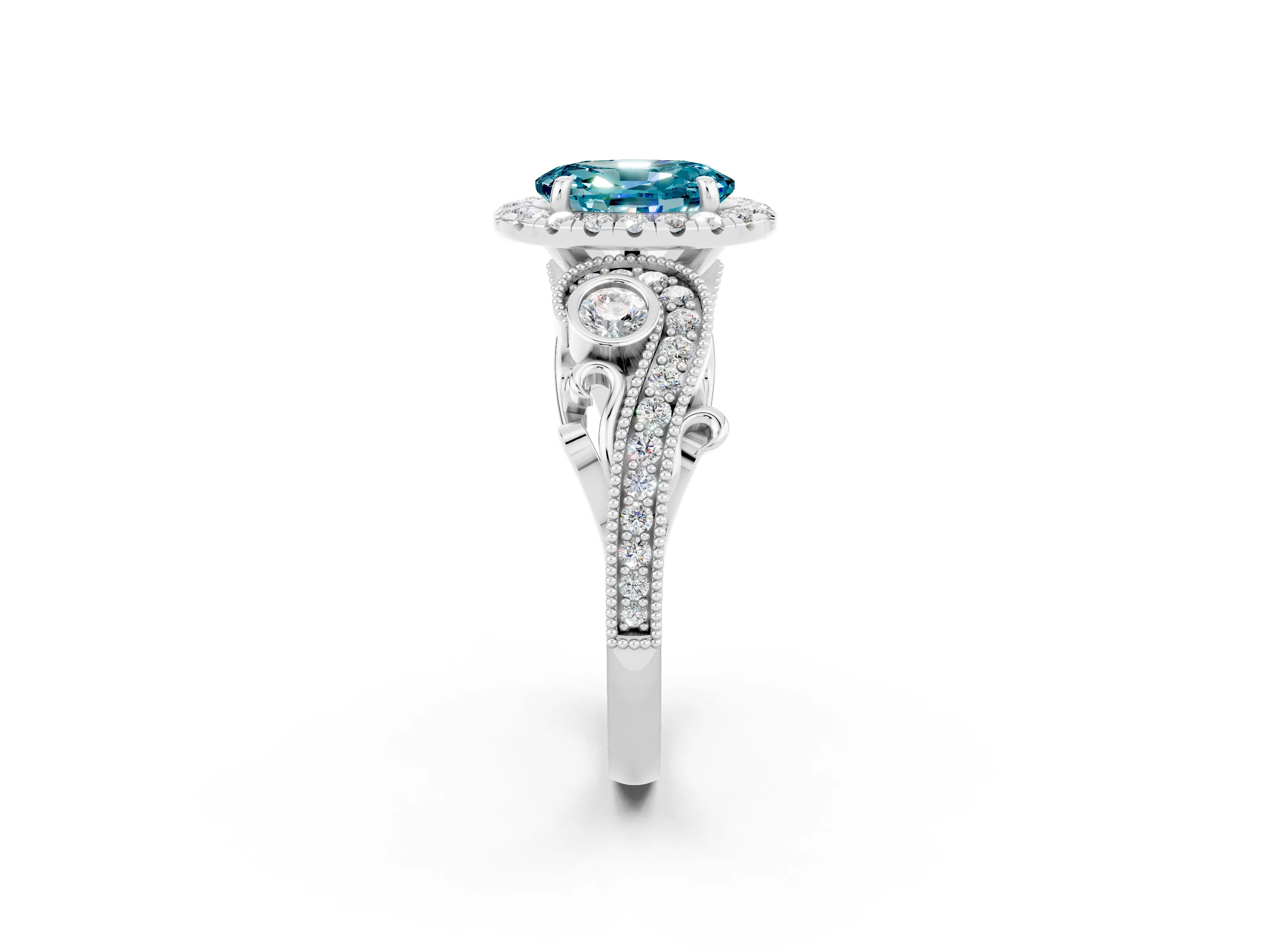White gold Oval Cut Blue Topaz Halo Ring with Milgrain Pavé Band and Four-Prong Setting_14