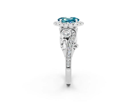 White gold Oval Cut Blue Topaz Halo Ring with Milgrain Pavé Band and Four-Prong Setting_14