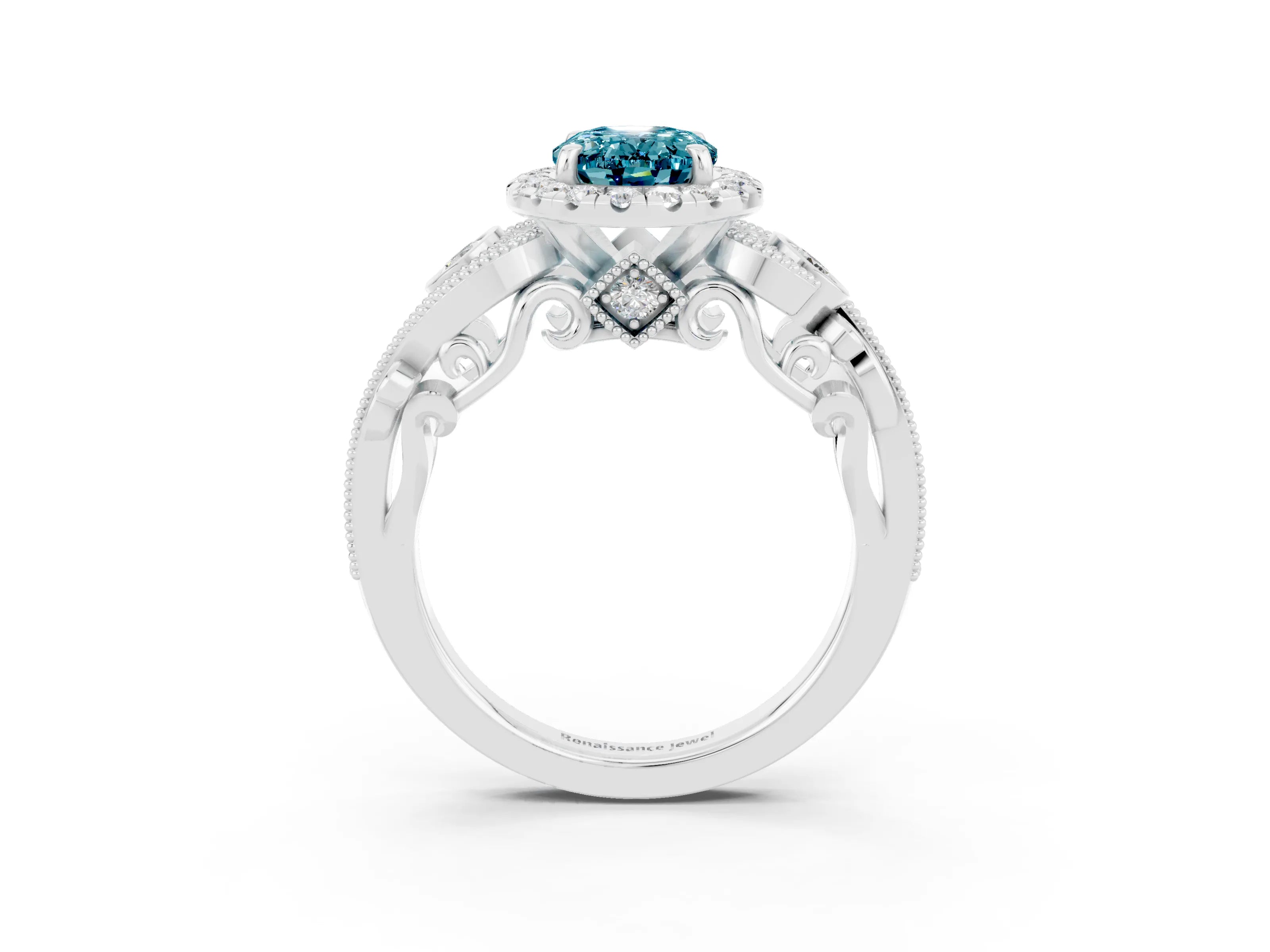White gold Oval Cut Blue Topaz Halo Ring with Milgrain Pavé Band and Four-Prong Setting_15