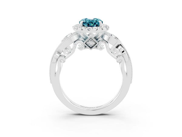Silver Oval Cut Blue Topaz Halo Ring with Milgrain Pavé Band and Four-Prong Setting