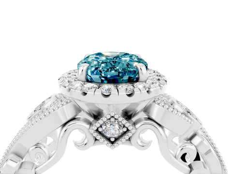 White gold Oval Cut Blue Topaz Halo Ring with Milgrain Pavé Band and Four-Prong Setting_16