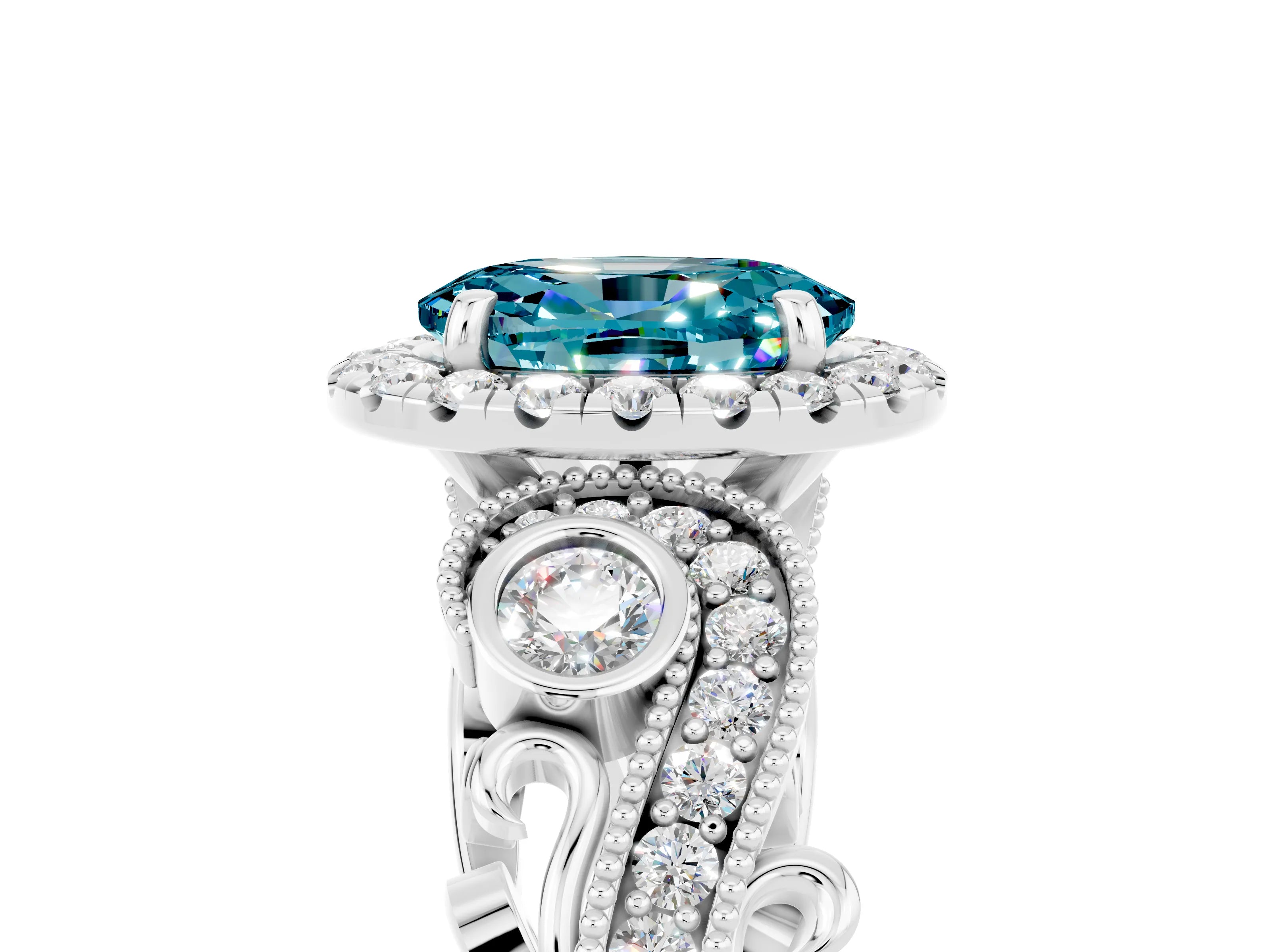White gold Oval Cut Blue Topaz Halo Ring with Milgrain Pavé Band and Four-Prong Setting_17