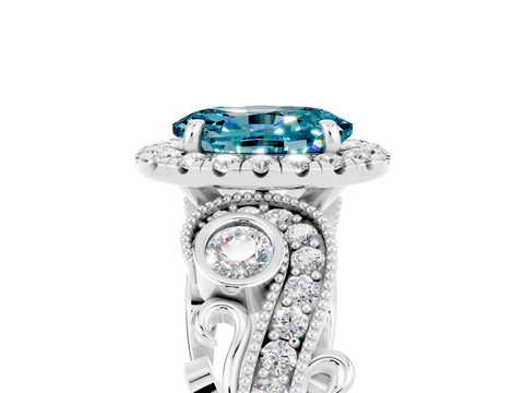 White gold Oval Cut Blue Topaz Halo Ring with Milgrain Pavé Band and Four-Prong Setting_17