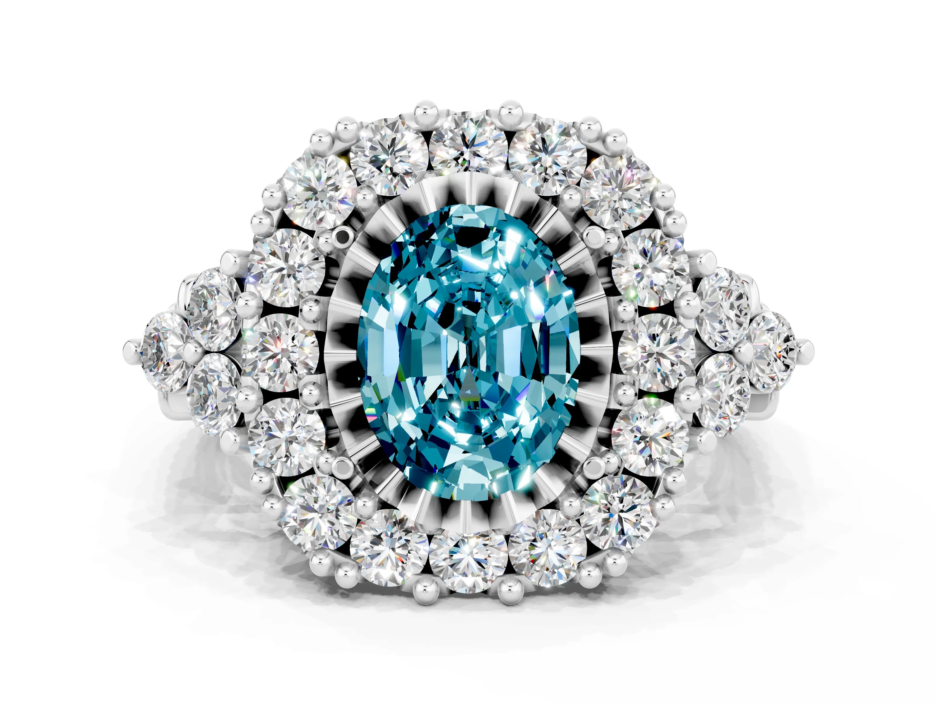 White gold Oval Cut Blue Topaz Halo Ring with Pavé Band and Four-Prong Setting_12