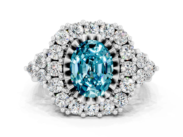 Silver Oval Cut Blue Topaz Halo Ring with Pavé Band and Four-Prong Setting